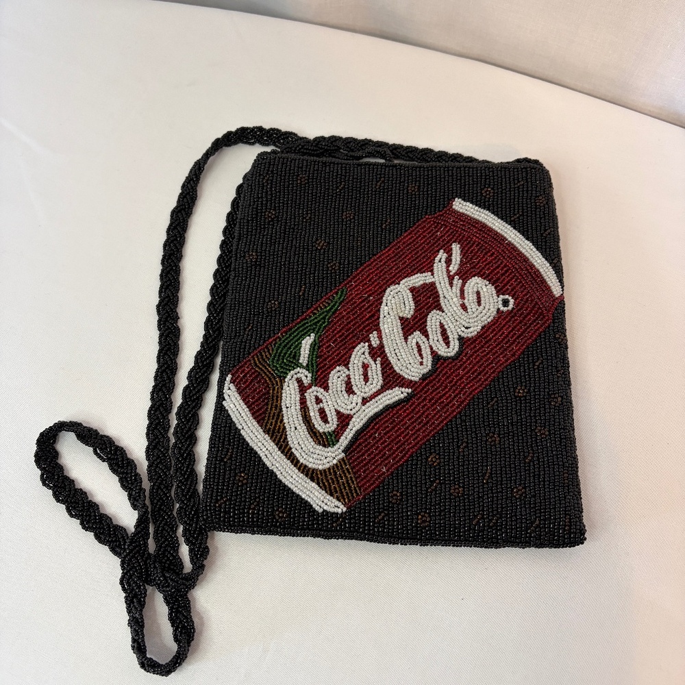Coca Cola Glass Beaded Purse Coin Purse Handbag Tote Black Vintage Excellent